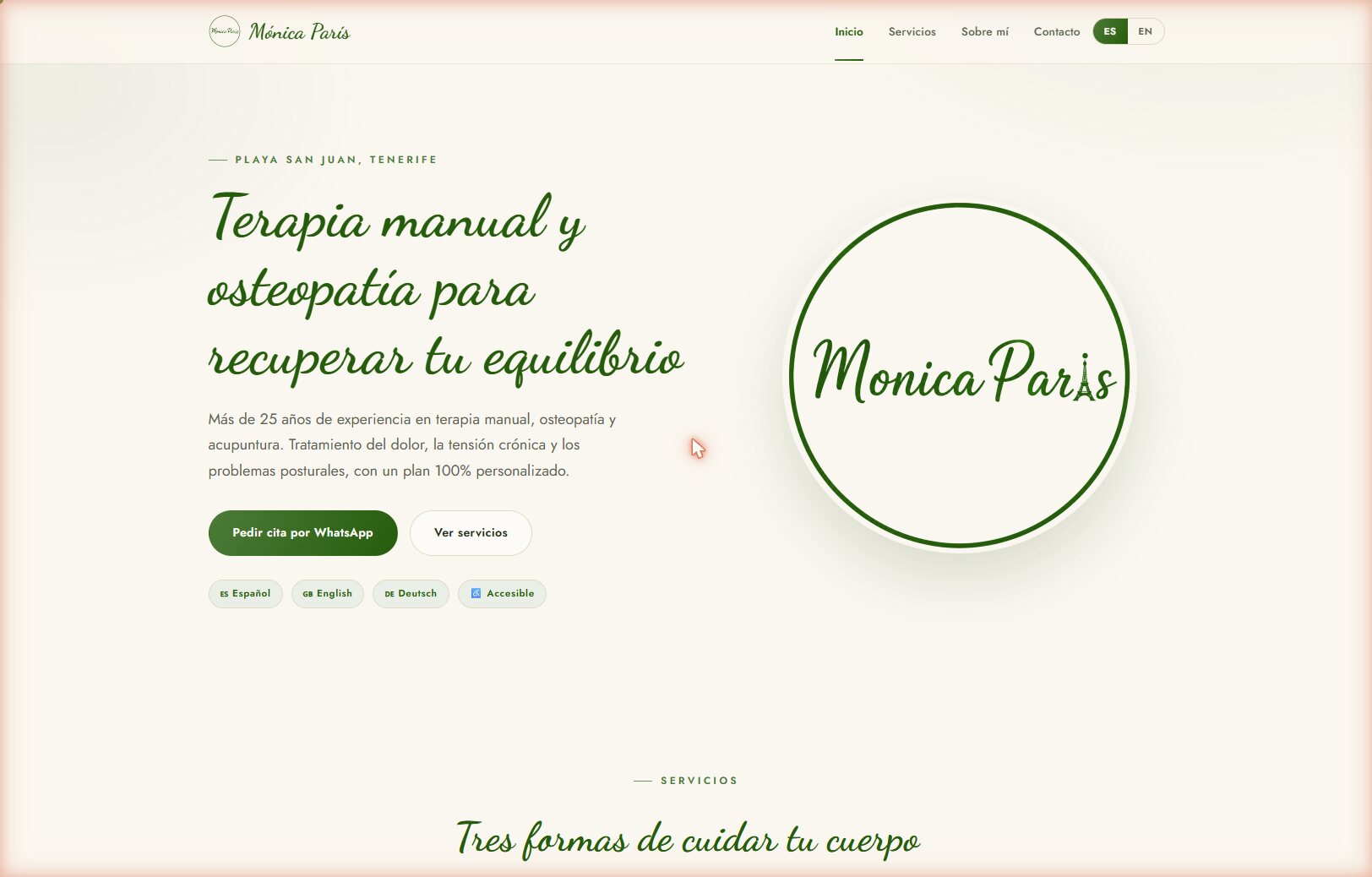 Captura de la web Mónica París, terapia manual y osteopatía en Tenerife